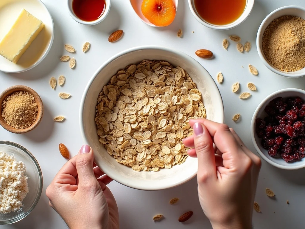 Ingredients for easy homemade granola bars arranged on a counter