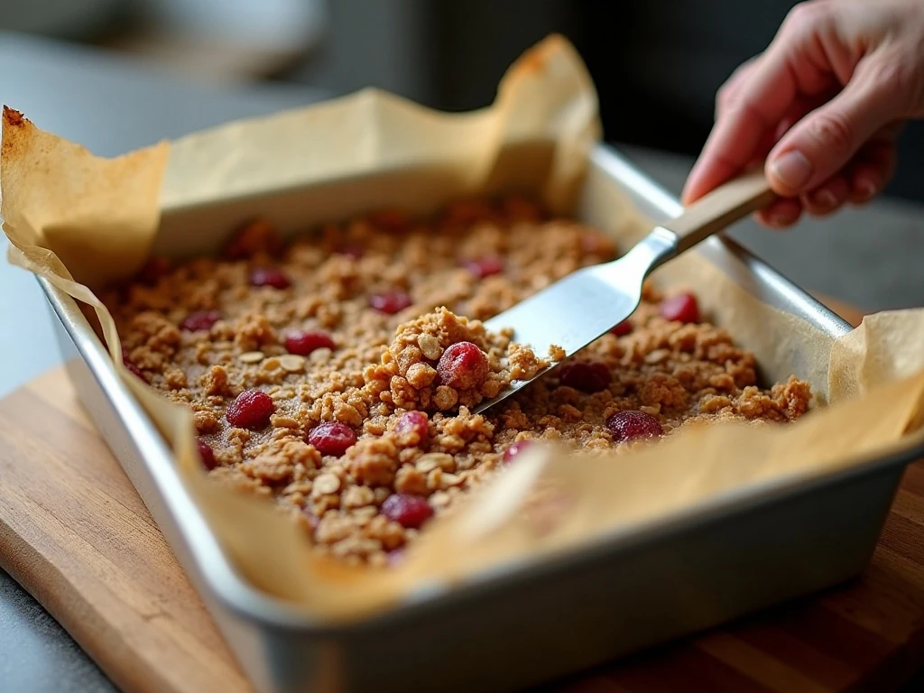 Granola bar mixture being pressed firmly into a parchment-lined baking pan