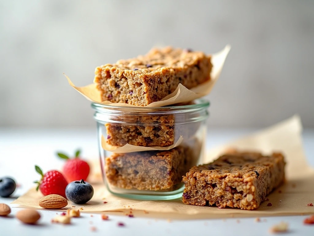 Homemade granola bars stored between parchment layers in an airtight container