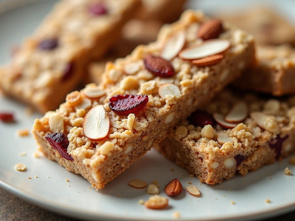 Chewy homemade granola bars with toasted oats, almonds, coconut, and dried fruit