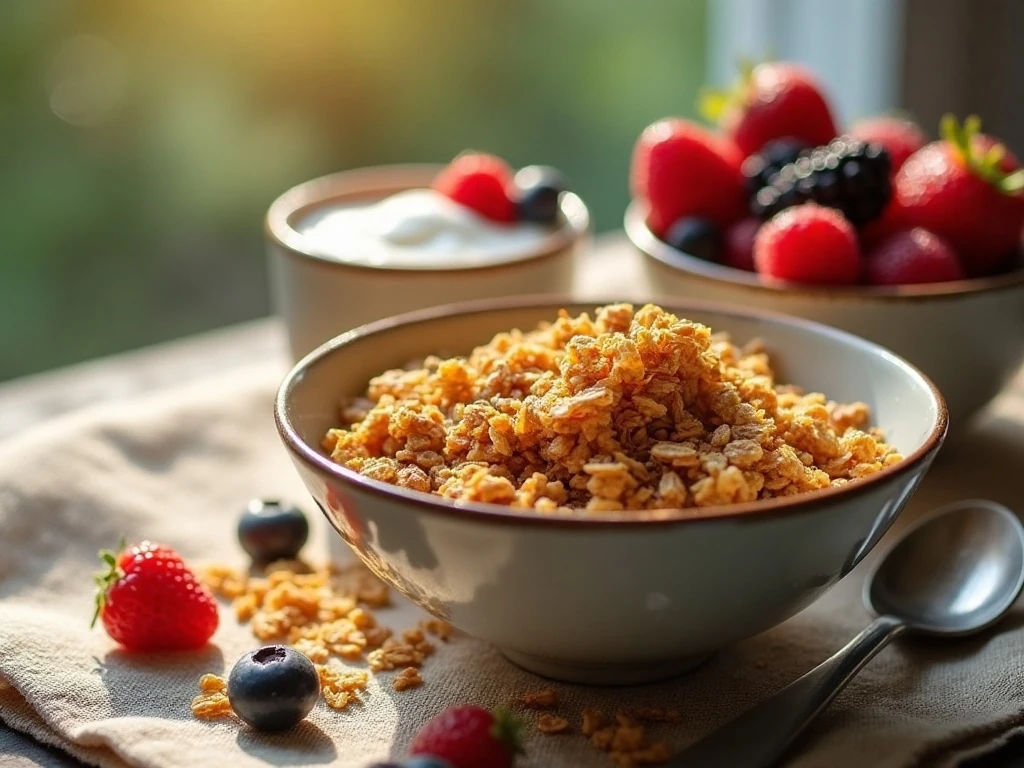 Crunchy homemade granola served with yogurt and fresh berries