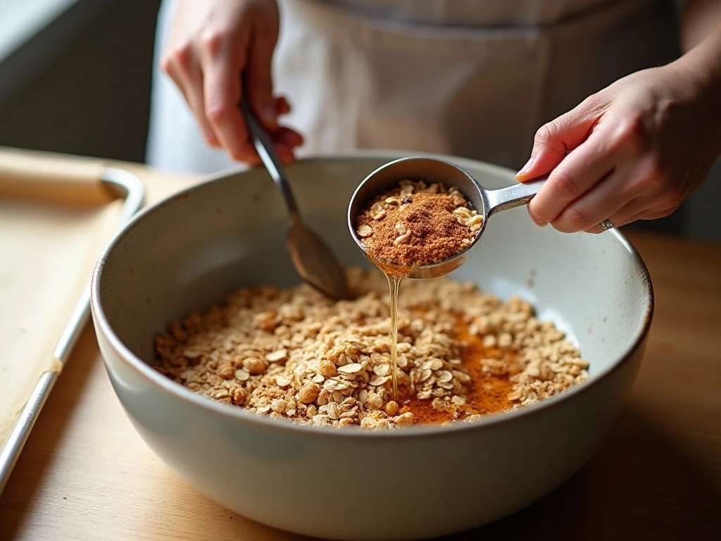 Mixing oat and nut ingredients for homemade granola