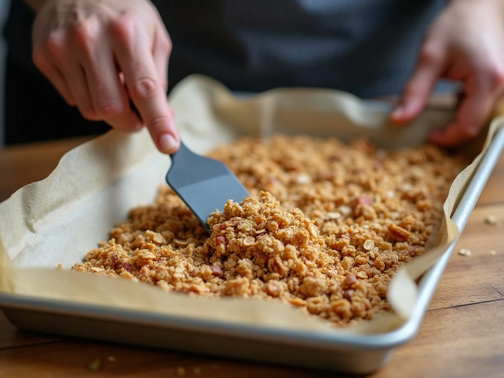 Pressing granola into clusters on a baking sheet