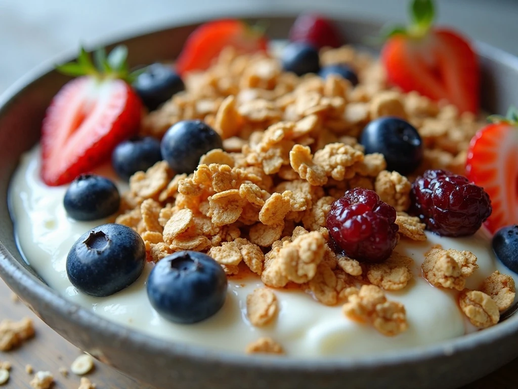 Granola clusters sprinkled over yogurt and fruit