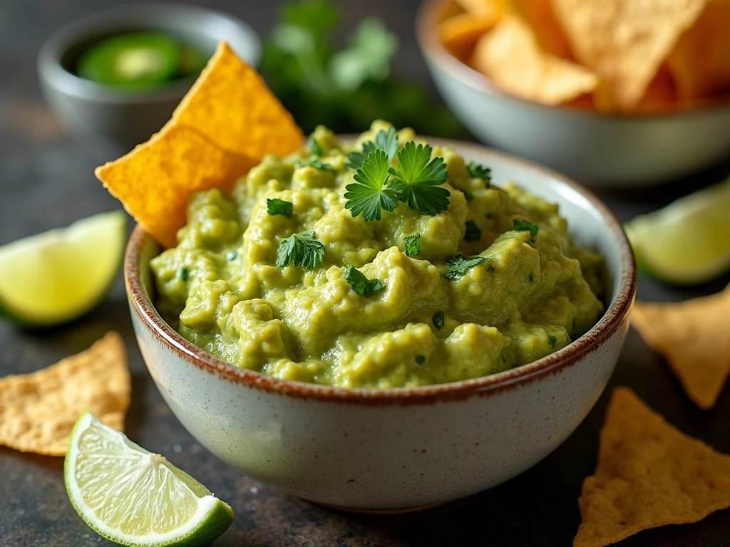 Fresh homemade guacamole served with tortilla chips