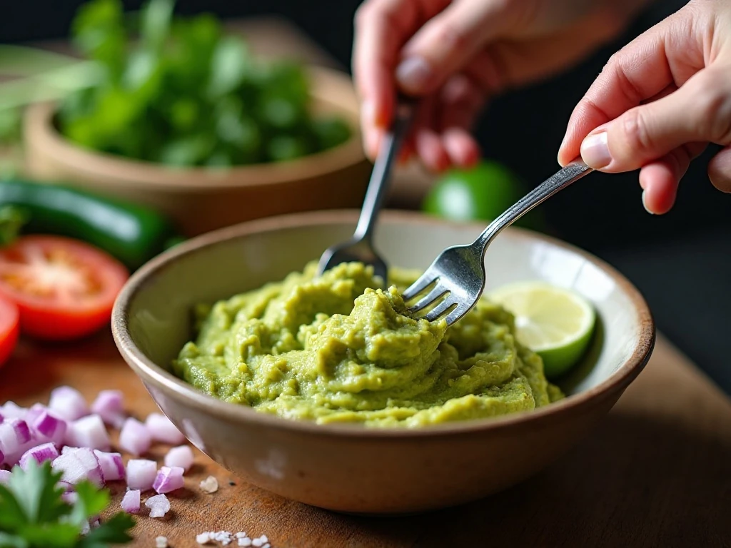 Mashing avocado by hand for chunky guacamole