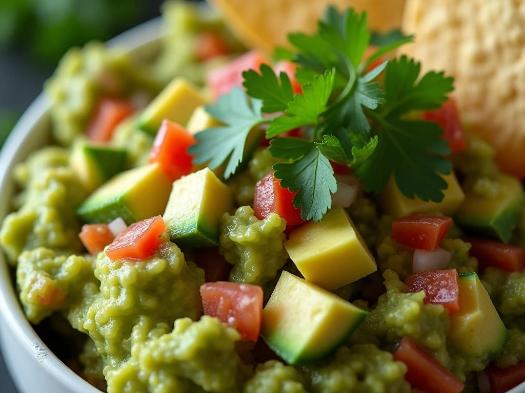Close-up of chunky guacamole texture and fresh garnish