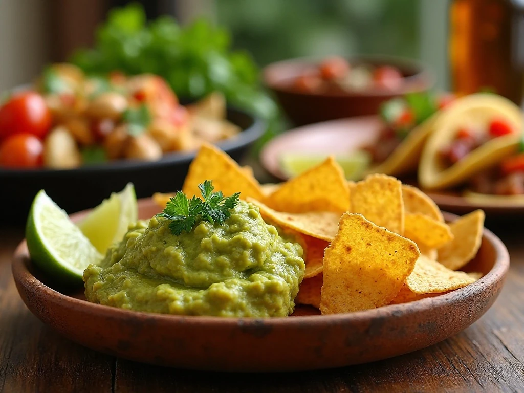 Guacamole served with chips, tacos, and grilled foods