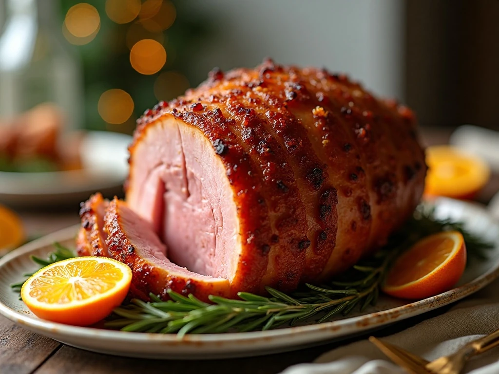 Glossy brown sugar glazed ham ready to serve