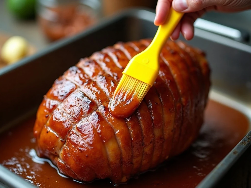 Brushing homemade glaze onto a scored ham