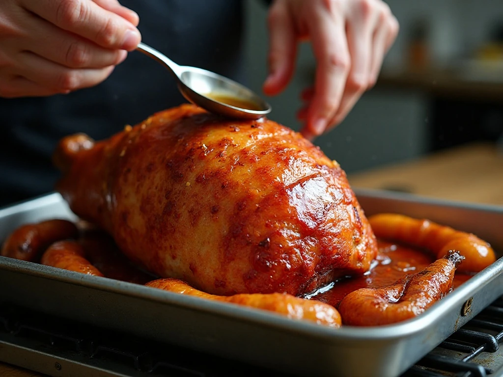 Applying a final thin layer of glaze to baked ham