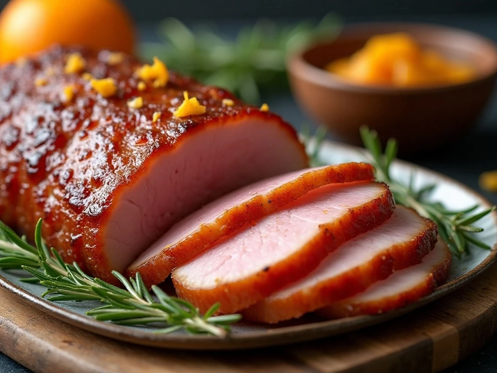Sliced brown sugar glazed ham with extra sauce