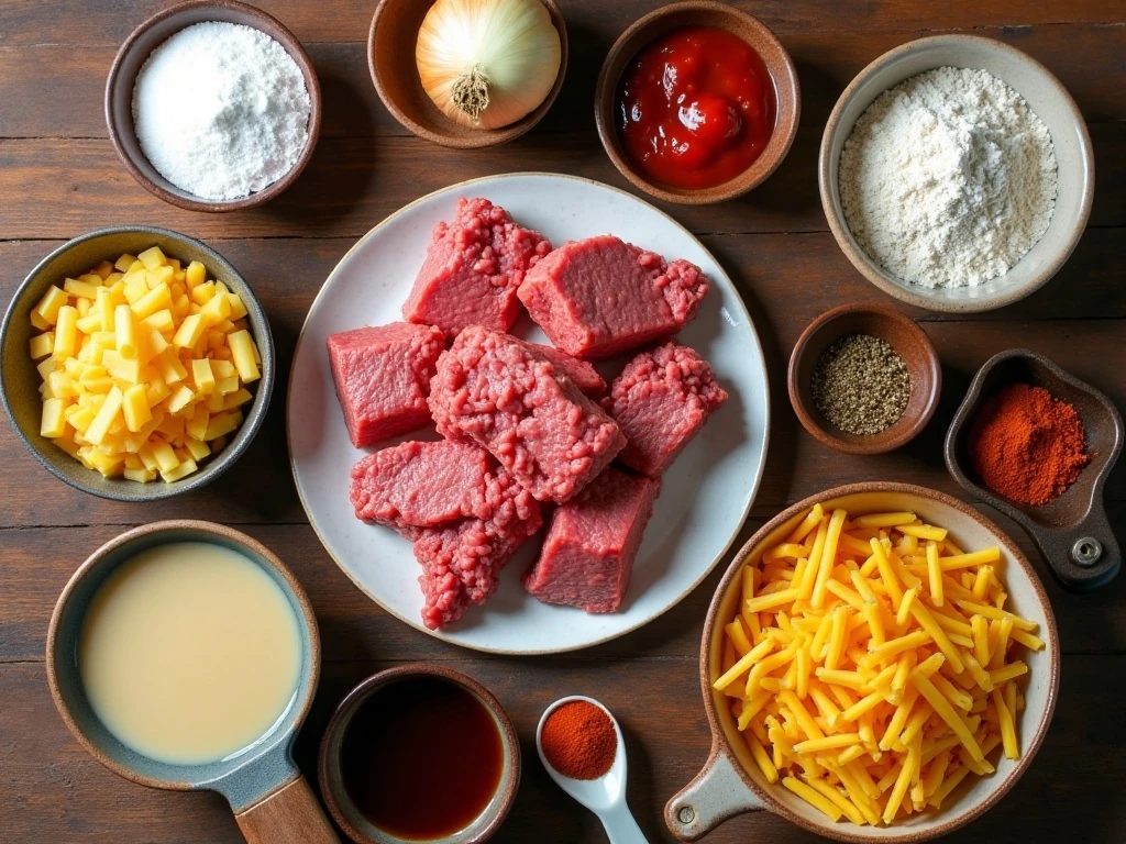 Ingredients for homemade beef noodle Hamburger Helper