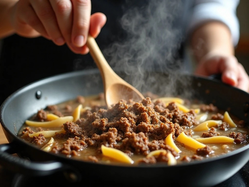 Beef and noodles simmering in a deep skillet