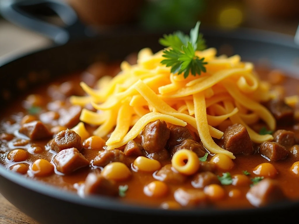 Melted cheddar creating a creamy beef noodle sauce
