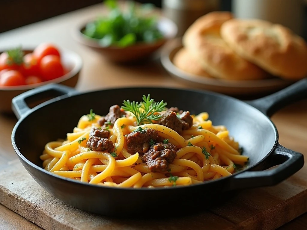 Homemade beef noodles served with simple dinner sides