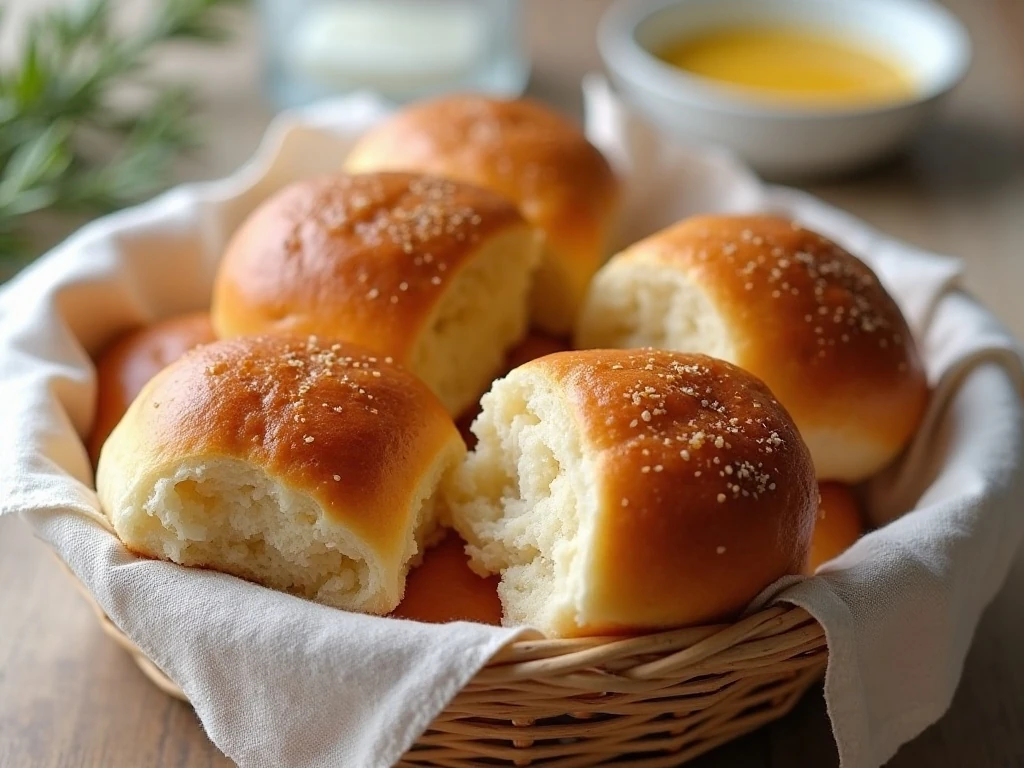 Basket of soft homemade Hawaiian sweet rolls with fluffy centers