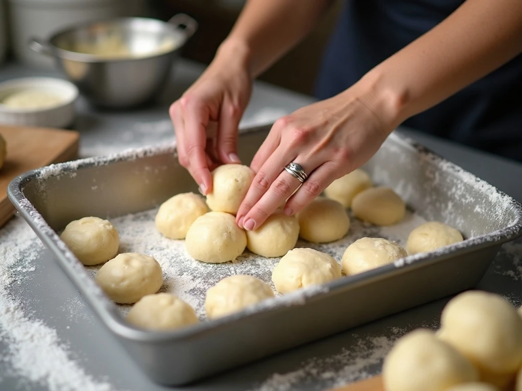 Shaping dough balls for Hawaiian sweet rolls