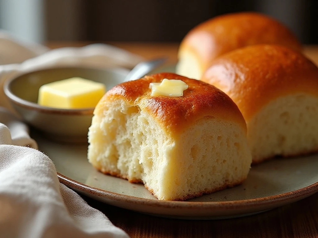 Buttery reheated Hawaiian sweet roll with tender crumb