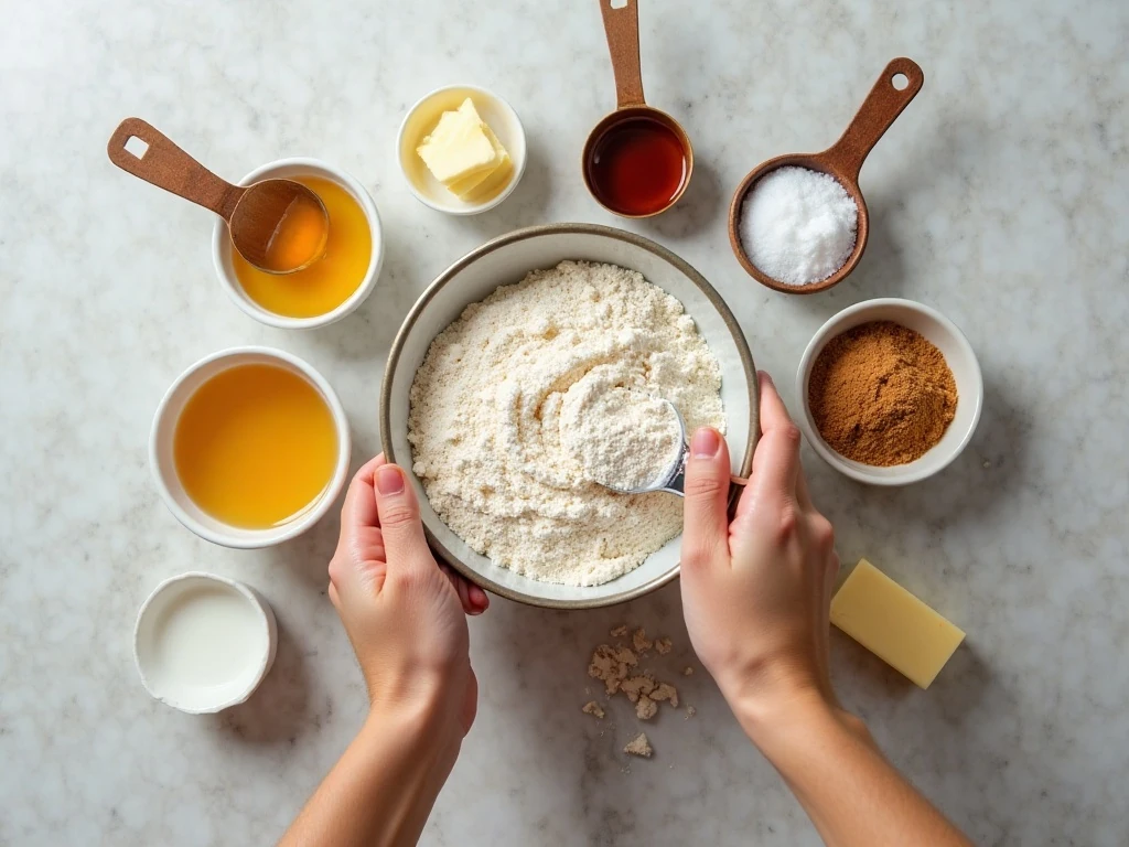 Ingredients for homemade honey buns arranged on a countertop