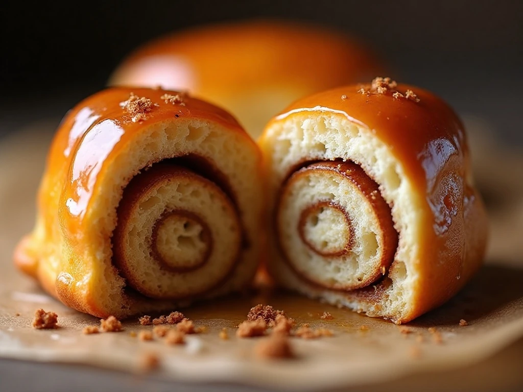 Close-up of a soft glazed honey bun with cinnamon swirl