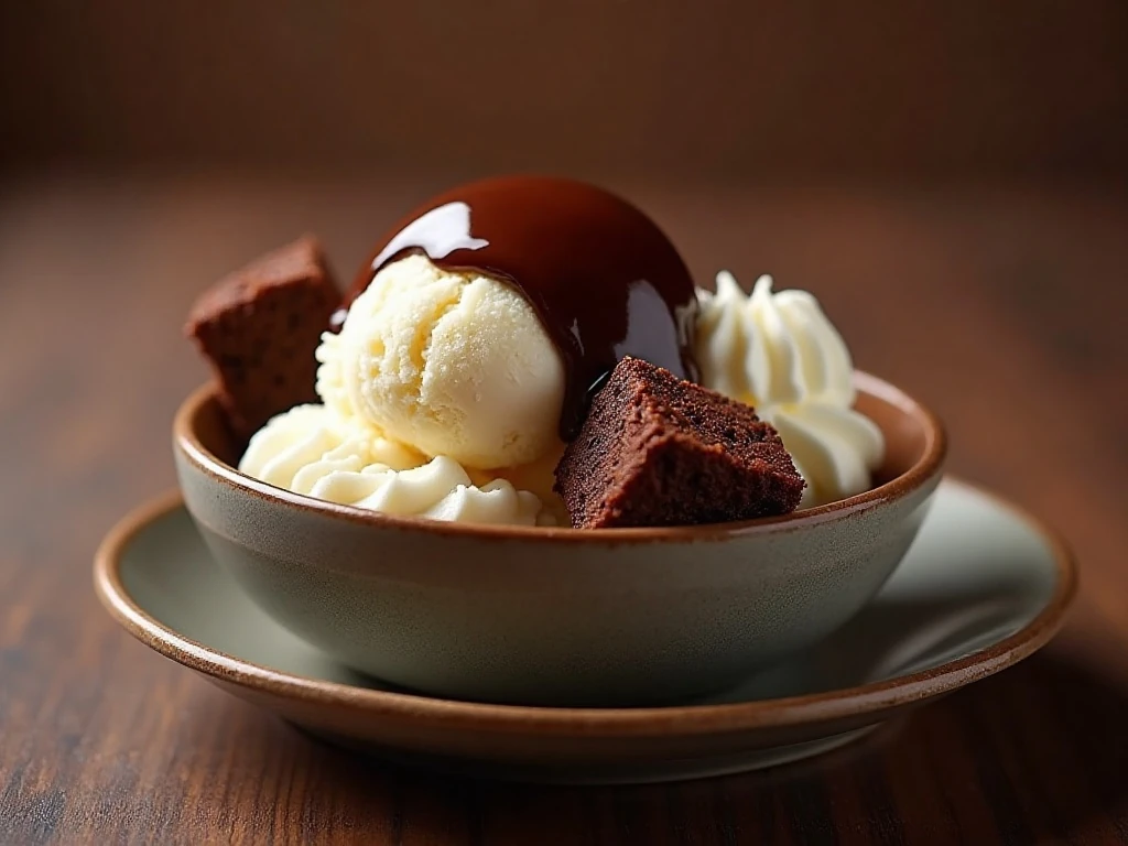 Homemade hot fudge sauce poured over vanilla ice cream