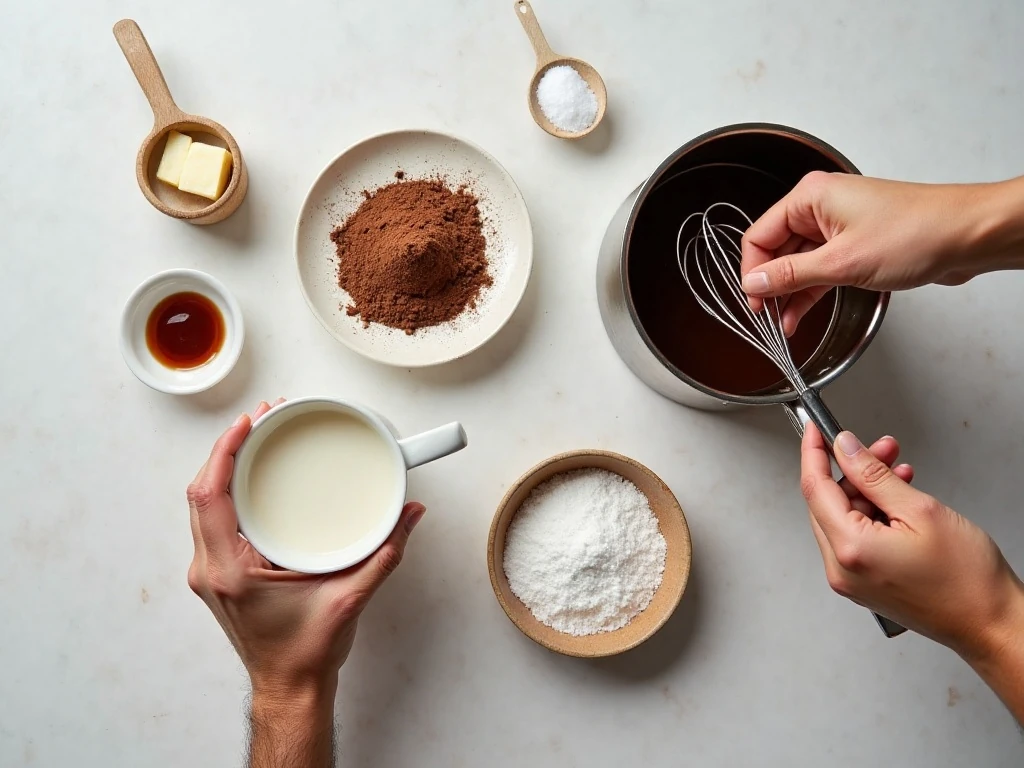 Ingredients for easy homemade hot fudge sauce