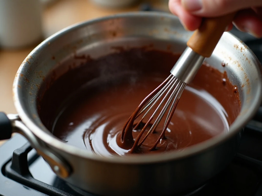 Stirring homemade hot fudge sauce in a saucepan