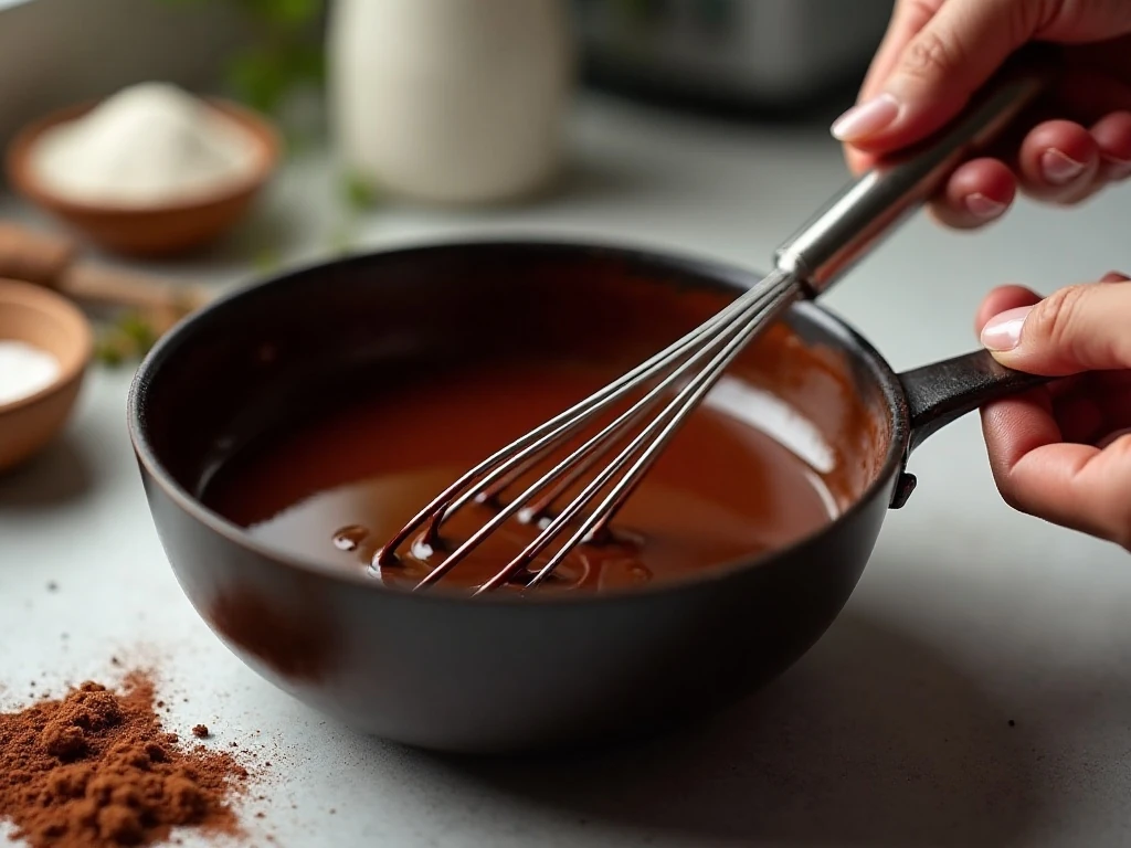 Smooth glossy chocolate fudge sauce during cooking