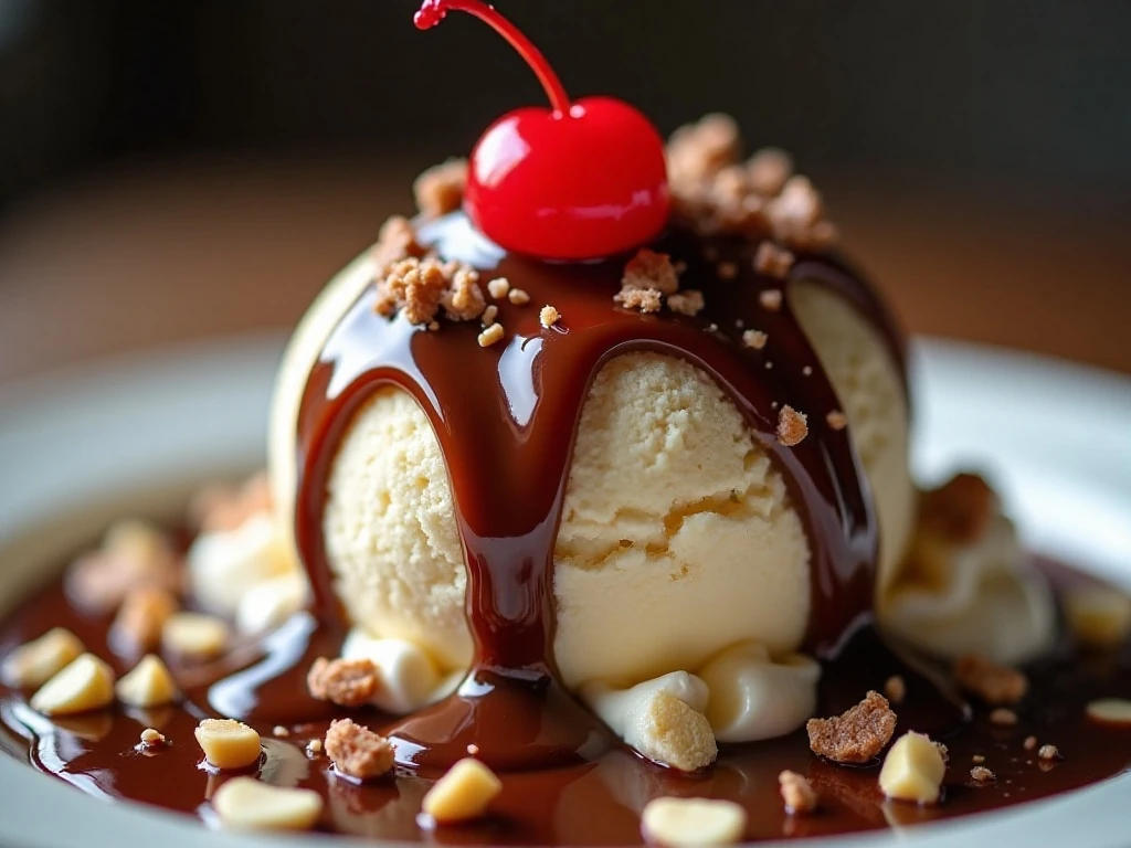Hot fudge sundae with chocolate curls and cherry