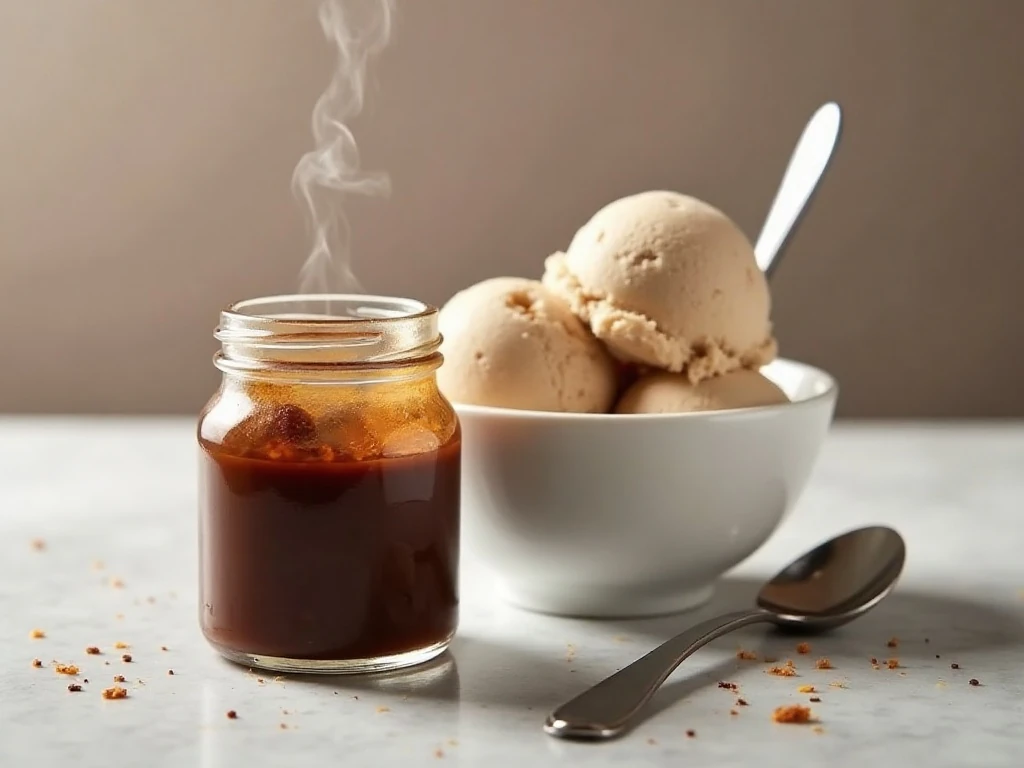 Stored homemade hot fudge sauce ready to reheat