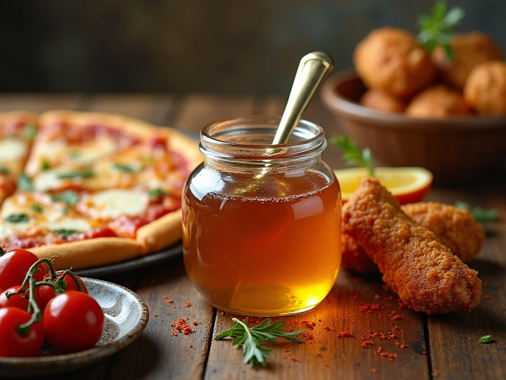 Homemade hot honey served with pizza, fried chicken, and roasted vegetables