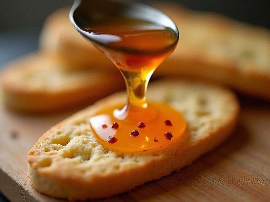 Hot honey with red-pepper flakes drizzled over a biscuit