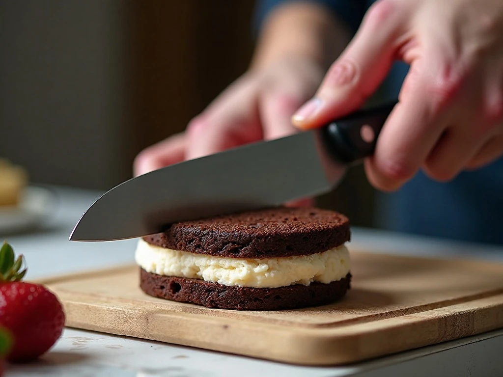 Slicing a frozen ice cream sandwich slab with a knife