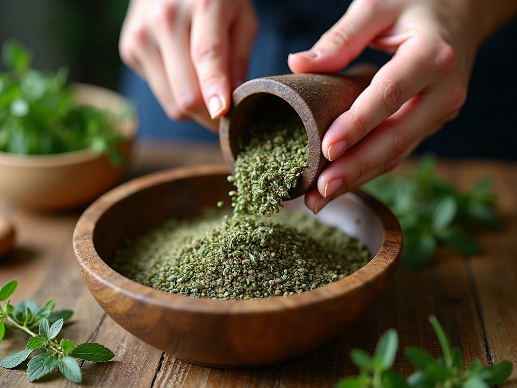 Crushing dried herbs for homemade Italian seasoning