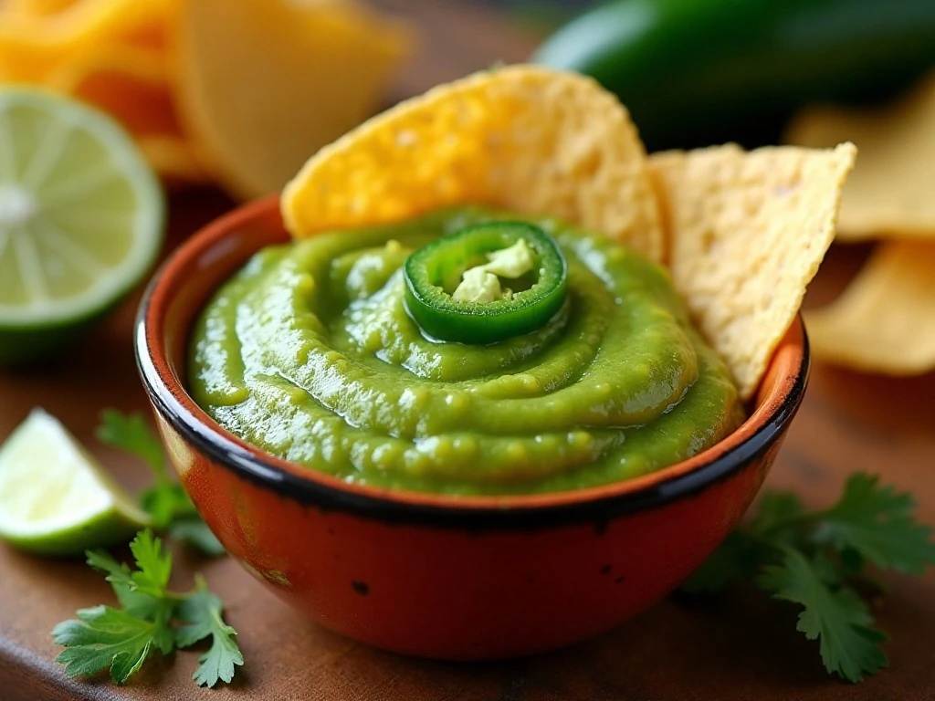 Bowl of smooth homemade jalapeño salsa with tortilla chips