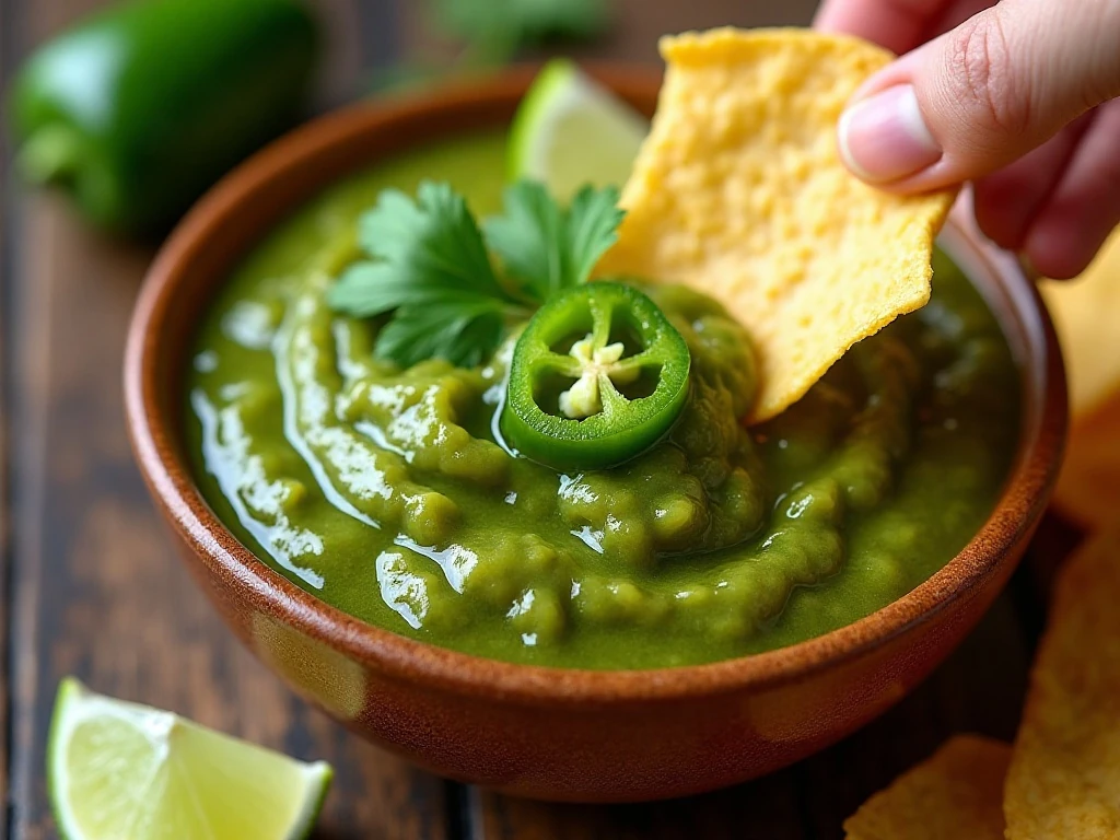 Silky green jalapeño salsa garnished with cilantro and lime