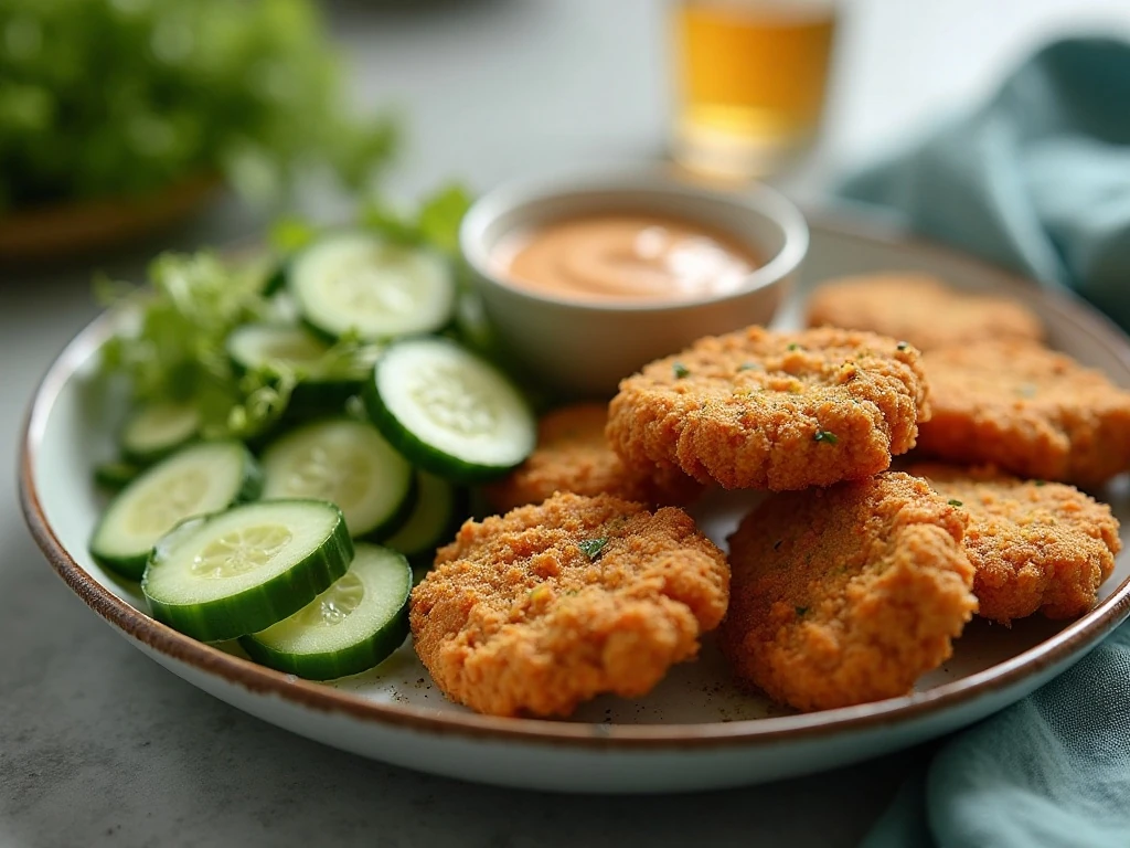 Homemade keto chicken nuggets served with vegetables and dipping sauce