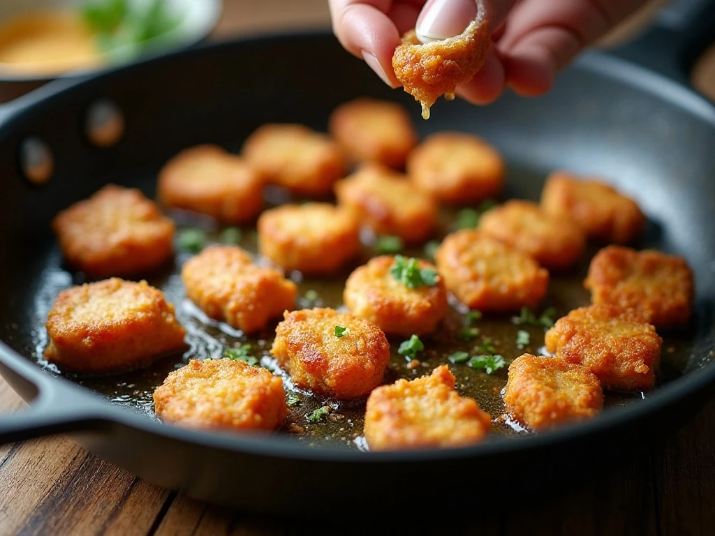 Chicken nuggets cooking in a skillet with a keto coating