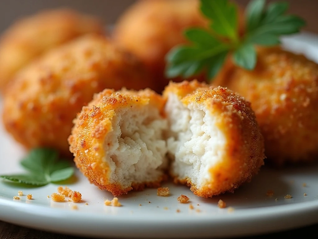 Close-up of the crisp coating and tender center of a keto chicken nugget