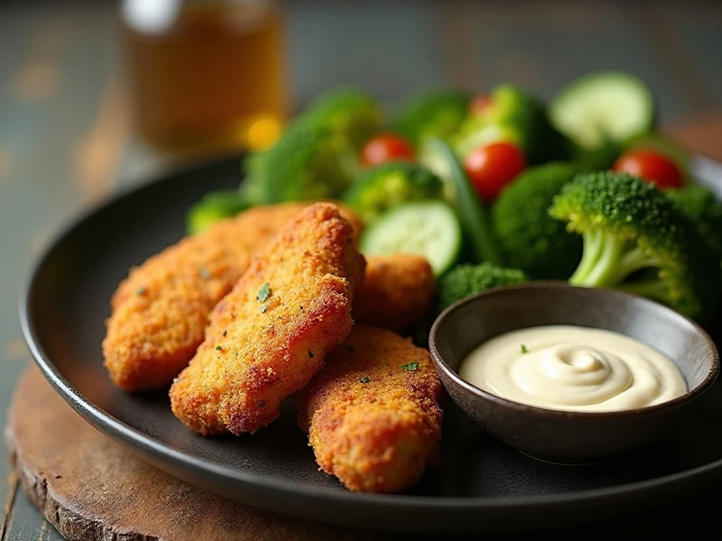 Keto chicken nugget dinner with salad broccoli and dipping sauce