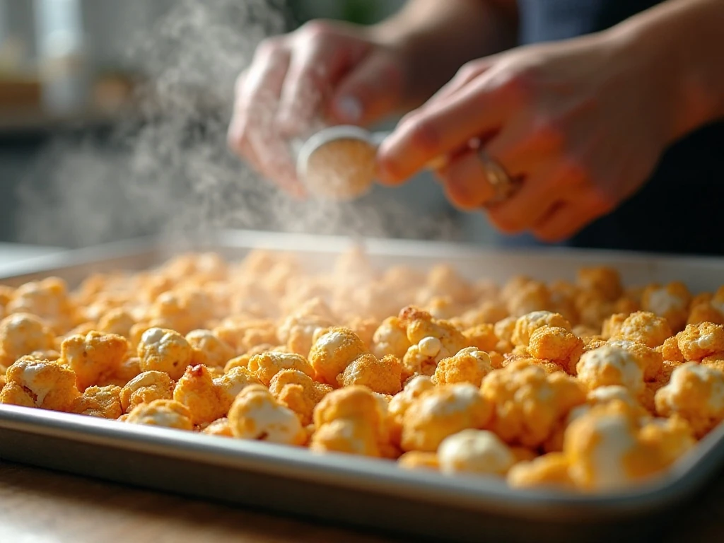 Kettle corn spread on a baking sheet to cool