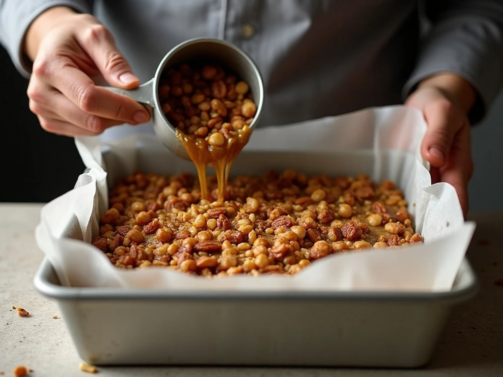 Pressing the warm nut mixture into a lined baking pan