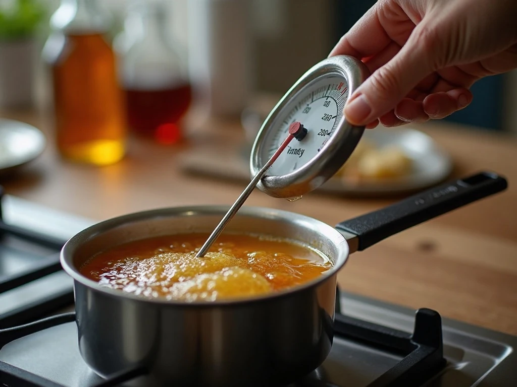 Candy thermometer checking syrup temperature for firm nut bars