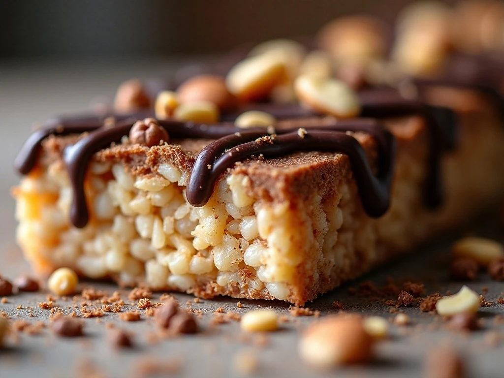 Chocolate-drizzled homemade nut bar with crunchy nuts