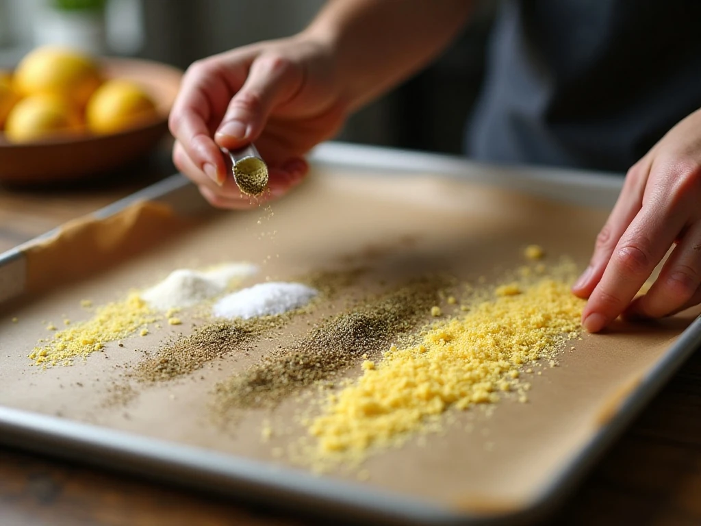 Lemon pepper seasoning spread on a baking sheet before drying