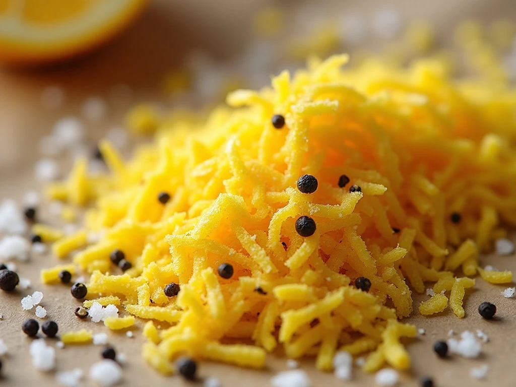 Close-up of lemon zest and cracked pepper in the seasoning blend
