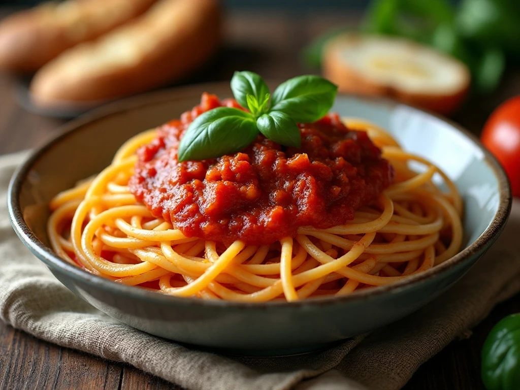 Bowl of spaghetti served with homemade marinara sauce and fresh basil