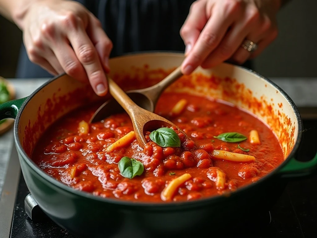 Marinara sauce simmering in a Dutch oven during preparation
