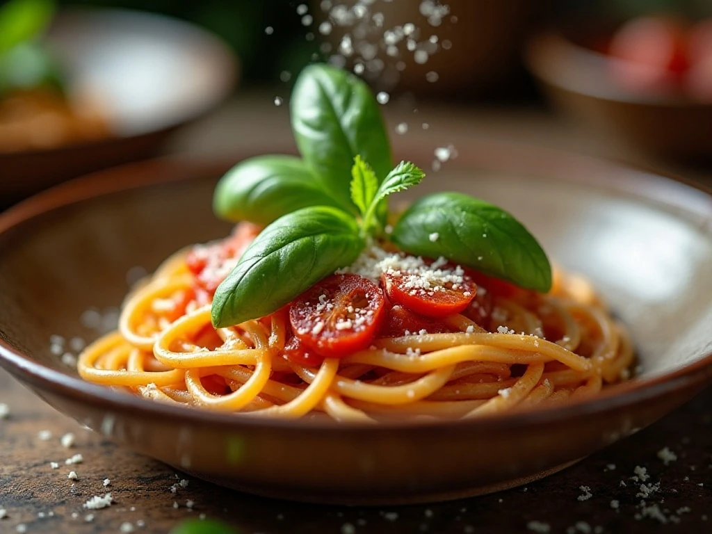 Fresh basil garnish on pasta with homemade marinara sauce